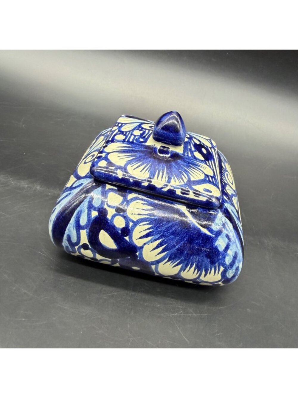 Talavera Mexico Trinket Box Blue Floral Hand Painted Pottery Signed R Venegas